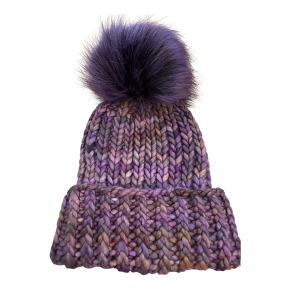 Hand knit purple/grey  variegated knit hat with faux fur pom